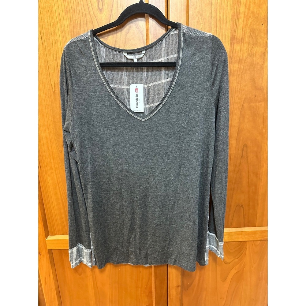BKE Womens Gray Plaid Back V-Neck Long Sleeve‎ Knit Top BK894 Large NEW